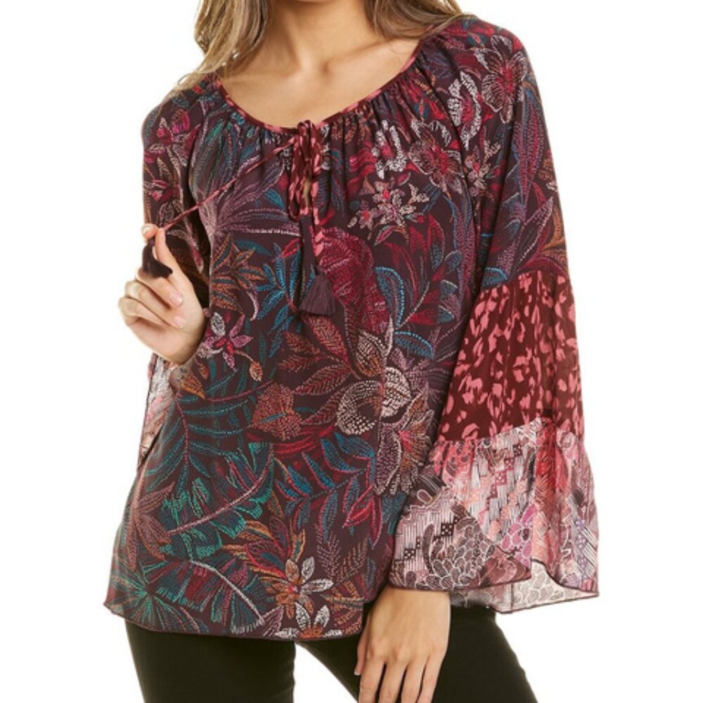 Johnny Was NWT Eggplant Multi TOLEDO Tiered Sleeve Peasant Blouse, Size Medium